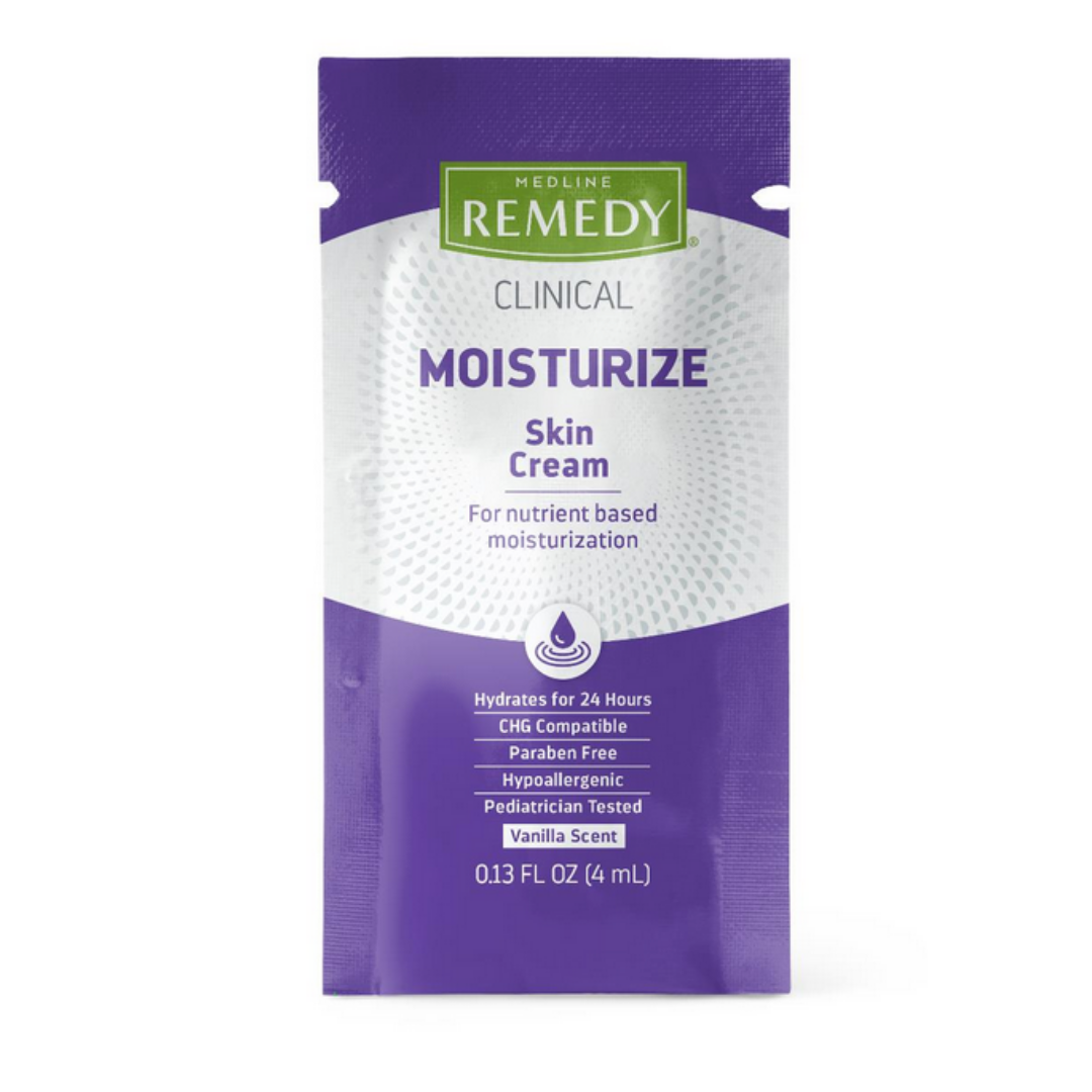 A single-use sachet of Medline Remedy Clinical Skin Cream - Full Body Lotion (0.13 FL OZ/4 mL) provides 24-hour, paraben-free, hypoallergenic hydration with a light vanilla scent in a purple and white packet.